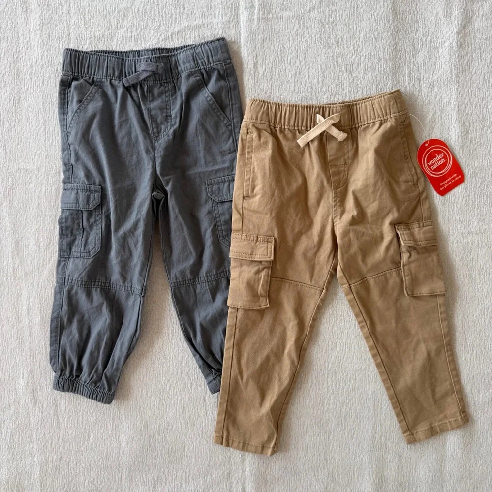 Lot of 2 Toddler Cargo Pants Size 3T Wonder Nation Gray Khaki Elastic Waist